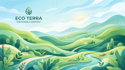 Green gradient waves nature background with rolling hills and winding landscape path under a soft sun