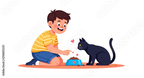 A happy boy kneeling and feeding a black cat from a blue bowl, showing affection with hearts.