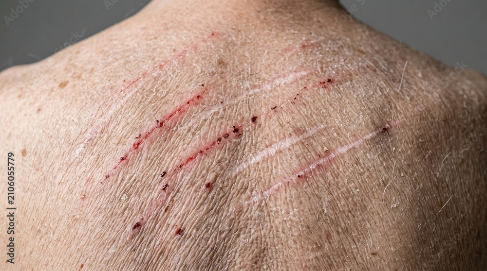 Fototapeta premium Excoriation Lichenified Scratch Marks and Exudate on Dry Aging Back Skin