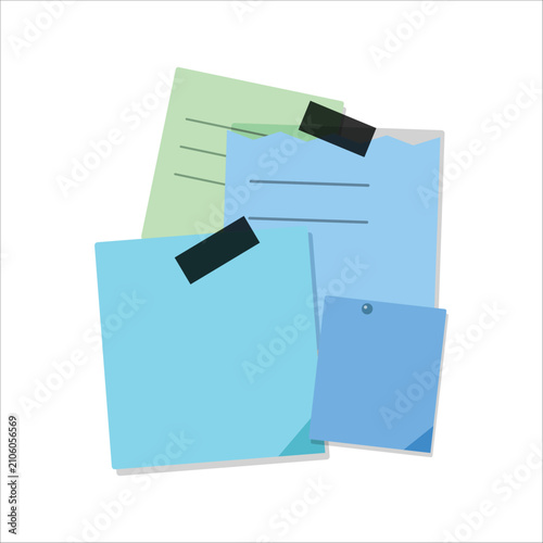 Colorful sticky notes with black labels attached to a light blue background
