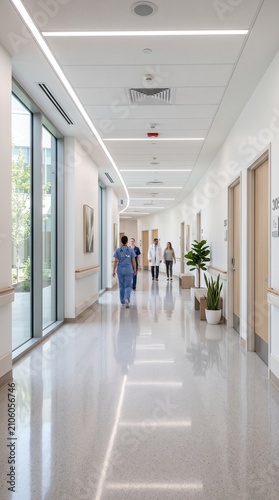 Eye-level full shot of medical staff and visitors walking along bright modern hospital corridor with large windows and potted plants, healthcare, hospital architecture, and clinical facility concept