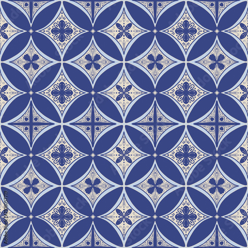 Classic navy blue and cream geometric ornamental tile seamless pattern