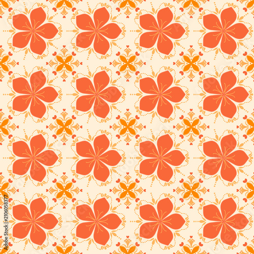 Warm orange floral seamless pattern with delicate ornamental background