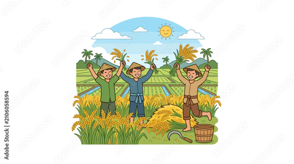 Fototapeta premium Happy Farmers Harvesting Rice Paddy Field Illustration