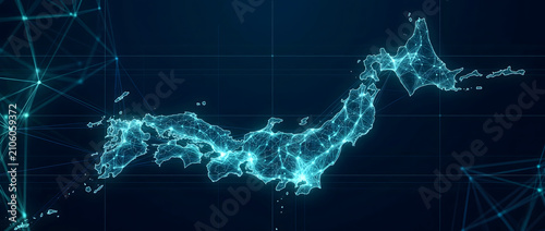 Plakat 国内のデータネットワークとデジタル通信網を視覚化した日本地図のグラフィック素材 