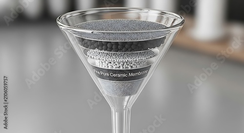 Cross section view of a clear glass funnel containing multiple layers of filtration media for efficient water purification process systems