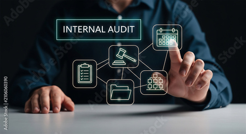 Internal audit concept with businessman, corporate compliance and financial risk assessment