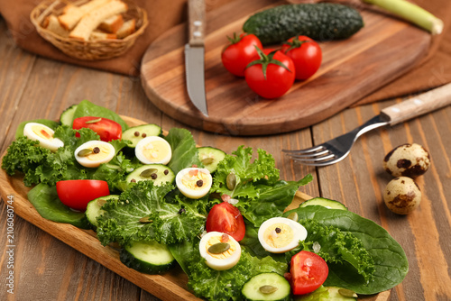 Tray with boiled quail eggs...