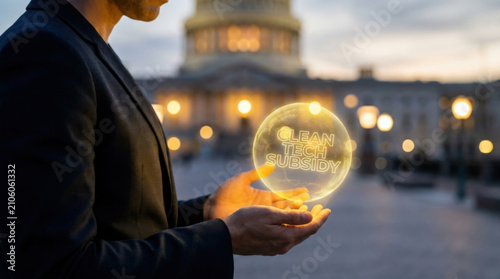Clean energy subsidy concept with glowing sphere in hands at dusk near government building