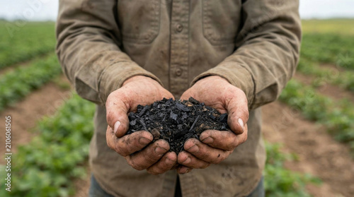 Soil amendment concept organic mulch soil compost farmer hands field agriculture earth black fertilizer gardening crop plant growth land texture