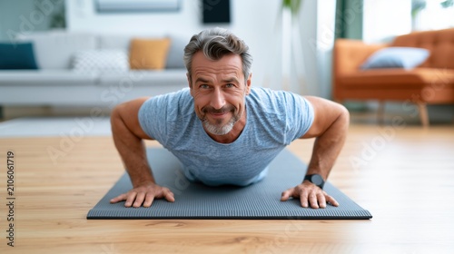 Mature handsome man doing pushups on a yoga mat in his living room.