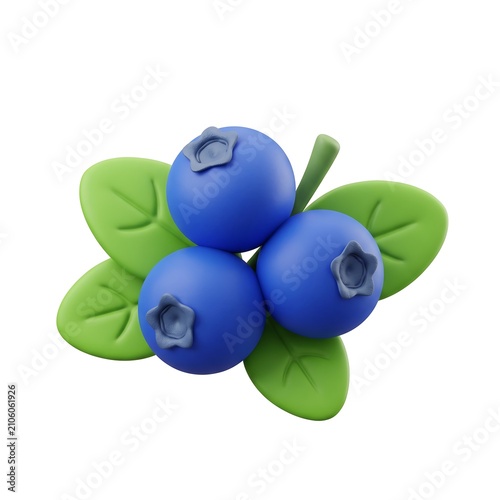 3D rendered blueberries with green leaves icon blueberry illustration isolated vegetarian nutrition