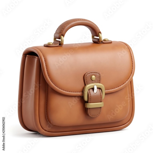 3D icon of a small brown leather handbag with buckle accessory fashionable illustration isolated shoulder