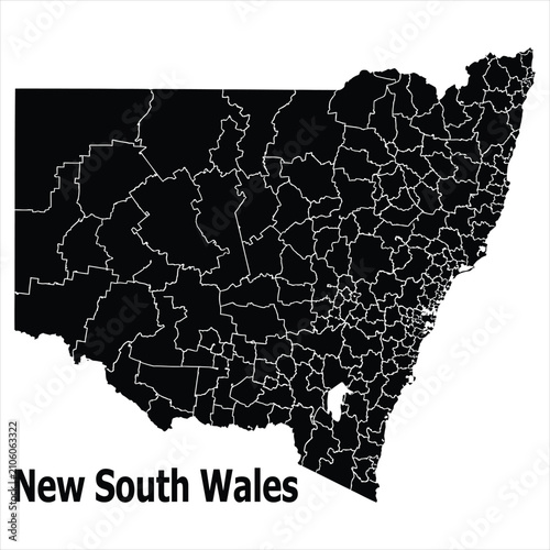 Detailed black silhouette map of new south wales australia with australia silhouette geography cartography australian minimalist location administrative divisions abstract education