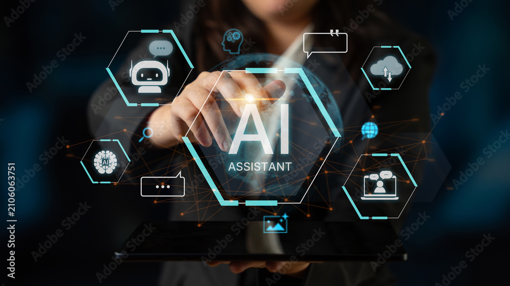 Fototapeta premium A concept of a global AI virtual assistant. This intelligent agent provides user support through chatbots, performs searches, manages cloud data, and aids in communication. Fermion