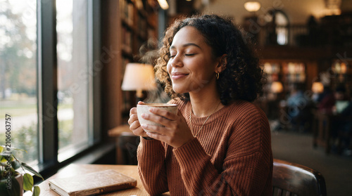 Young woman with curly hair enjoying a warm cup of coffee or tea in a cozy library setting near a window with soft natural light