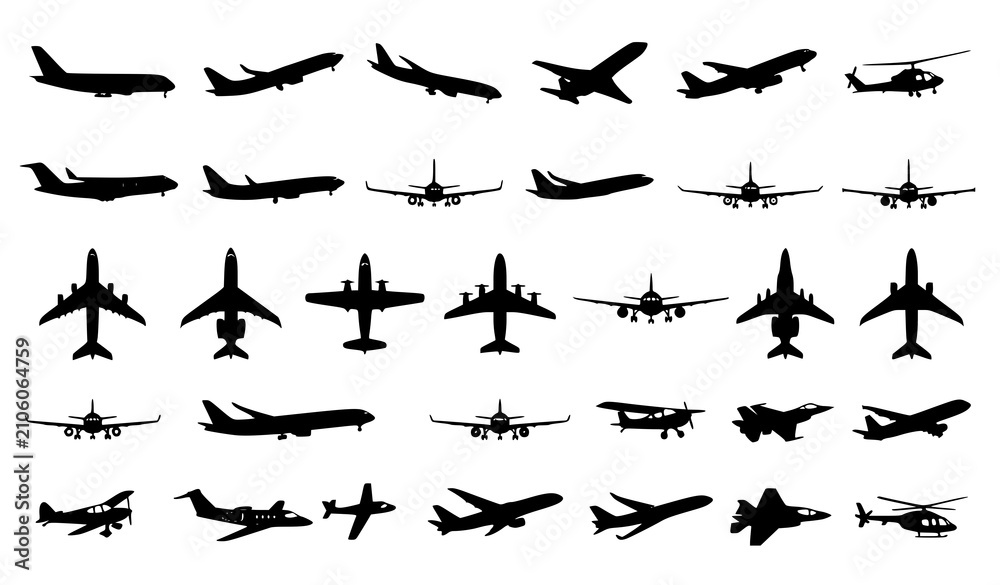 Fototapeta premium Aviation Airplane Silhouette Icon Set with Flying Aircraft Travel Transportation and Flight Vector Graphics