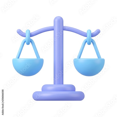 3D balance scale icon representing law and justice with judgment fairness equality measurement weighing