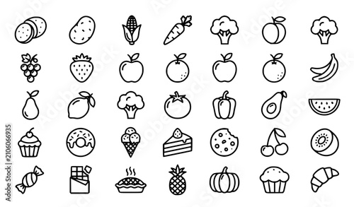 Obraz na płótnie Vegetables fruits and sweet desserts line icon set with potato corn carrot straw