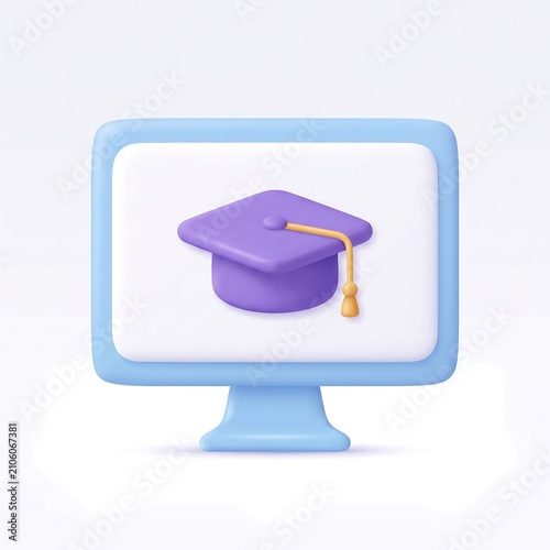 3D graduation cap on a monitor screen icon with education graduation elearning computer learning training