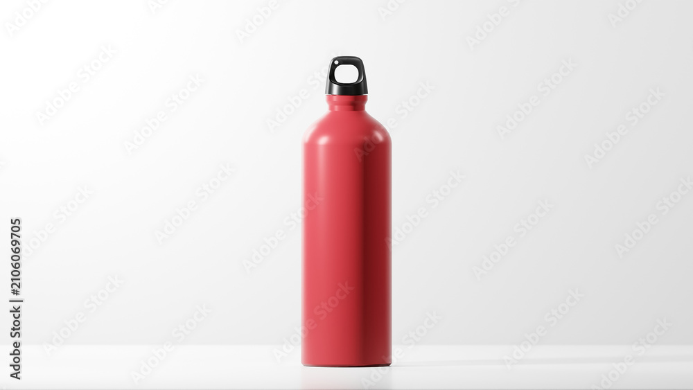 Fototapeta premium Modern sports water bottle in glossy Cardinal with a slightly matte finish. Unique glossy black bottle cap. place on White background