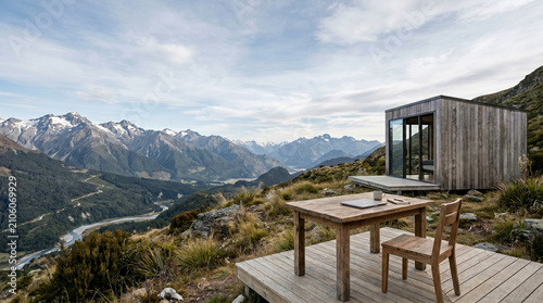 A wooden cabin and outdoor deck with a table, chair, and laptop overlook a vast mountain range and valley.