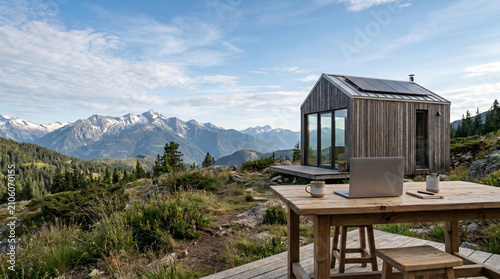 A remote workspace setup on a wooden deck featuring a laptop, mug, and notebook with a small modern cabin and mountain peaks in the background.