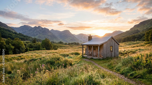 A small rustic wooden cabin with a corrugated metal roof sits in a grassy valley surrounded by mountains under a sunset sky.