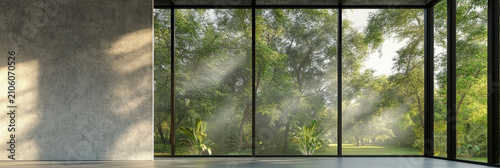 space empty room nature view  render,There are polished concrete floor and wall