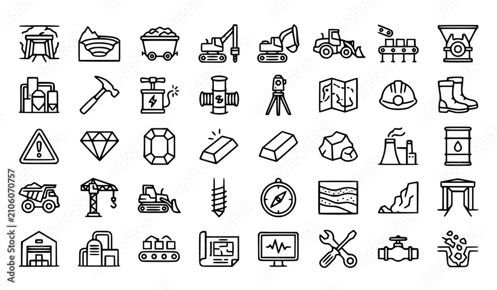 Fototapeta premium Modern Mining and Mineral Extraction Line Icons Editable Vector Collection