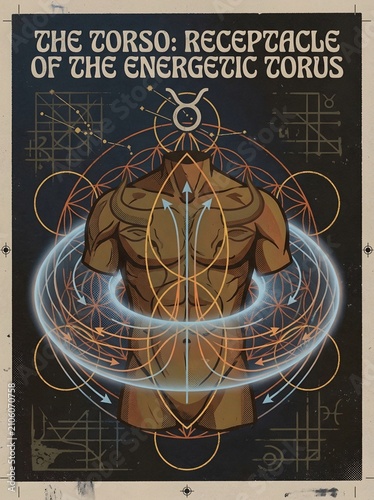 Esoteric Infographic Poster Titled 'The Torso: Receptacle of the Energetic Torus,' Featuring a Bronze Male Torso Overlaid with Sacred Geometry, Flower of Life Patterns, Torus Energy Field Diagrams, Zo
