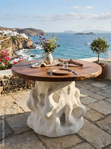 Elegant Round Walnut Table with a Sculptural Rock-Textured Pedestal Base Set on a Stone Terrace, Featuring a Wildflower Pitcher, Wooden Plate and Driftwood, Overlooking the Aegean Sea 