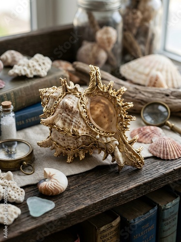 Ornate Gold Filigree-Embellished Conch Shell Displayed Among Vintage Naturalist Curiosities, Including Corals, a Nautilus Shell, Sea Glass, a Brass Magnifying Glass and Antique Books