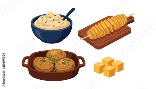 Photos Delicious potato dishes set vector illustration featuring mashed puree spiral to