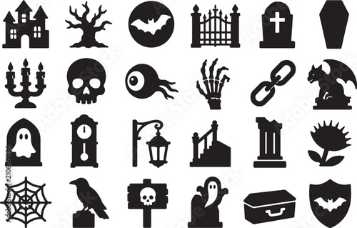 Tableau sur toile Haunted House Gothic Interior Icons Set - Minimalist Black Vector Horror Symbols