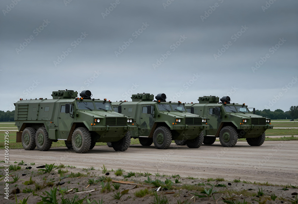 Obraz premium Three green military armored personnel carriers parked in a row on a dirt road under an overcast sky, the vehicles feature rugged designs and heavy-duty tires, suitable for off-road conditions
