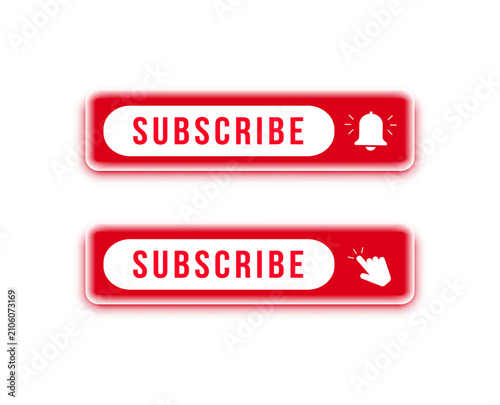 Subscribe Button with Notification Bell: A dynamic graphic featuring two bright red Subscribe buttons, one accompanied by a notification bell icon and the other by a hand cursor.