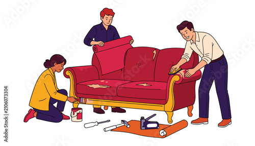 Bild auf Leinwand PrintHappy diverse friends restoring old red vintage sofa with paint fabric and