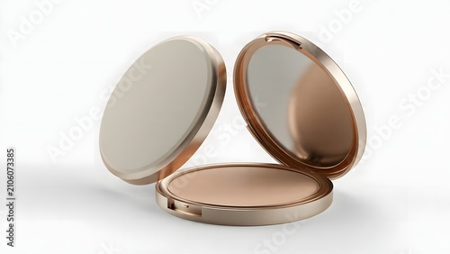 Elegant rose gold makeup compact powder with mirror and sponge applicator on white background.
