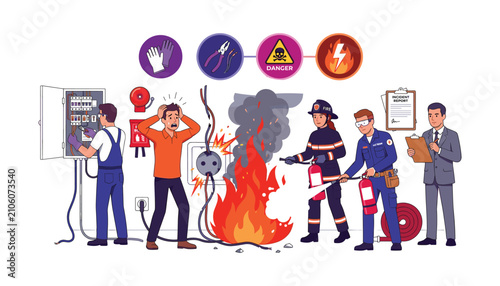 Fotografía Electrical fire accident concept vector illustration with firefighter using exti