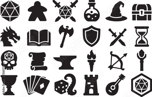 Tabletop RPG Icon Set Black Silhouette Vector Fantasy Board Game D20 Collection