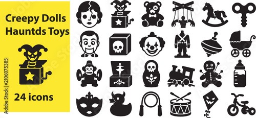 Creepy Haunted Toy Icons Black Silhouette Vector Set with Horror Dolls, Clown, Jack in the Box and Vintage Toys