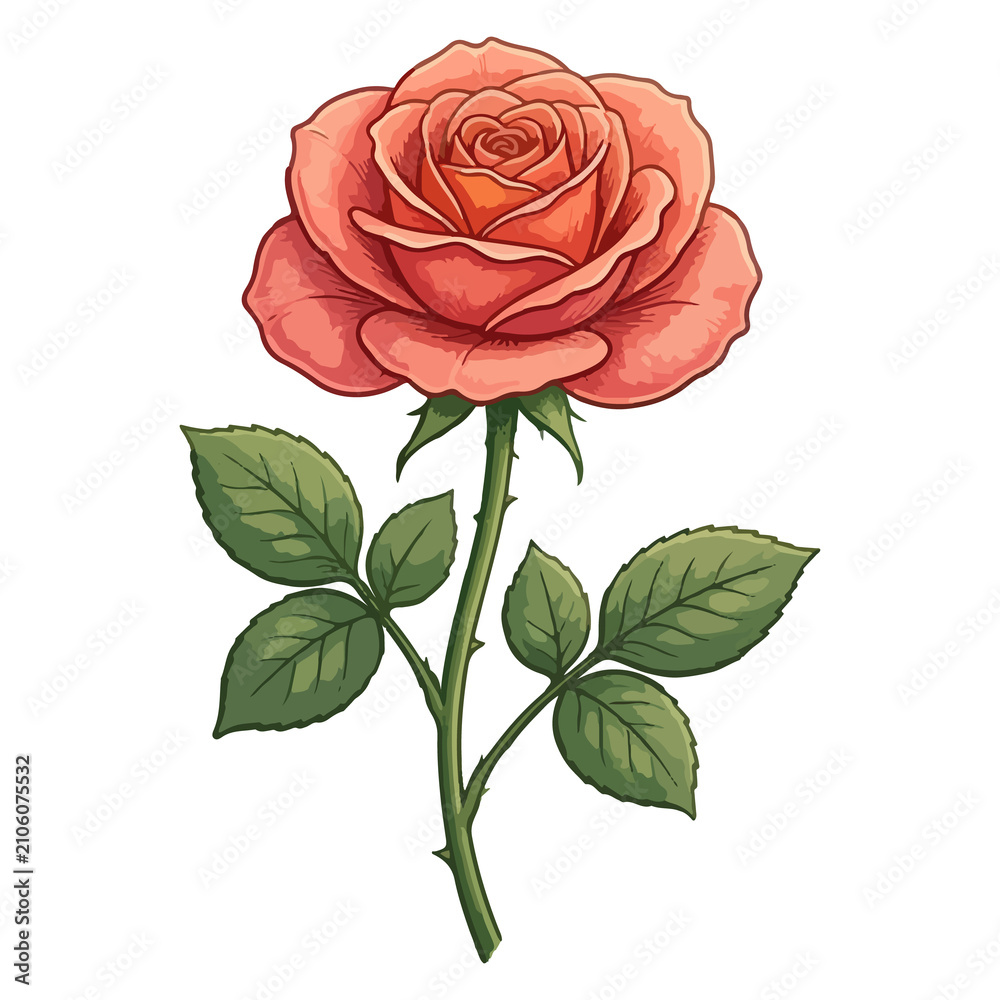Obraz premium Red Rose with Green Stem Isolated, Illustrated Peach Rose Isolated AI