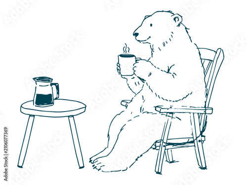 椅子に座ってコーヒーをのむ白熊の線画イラスト