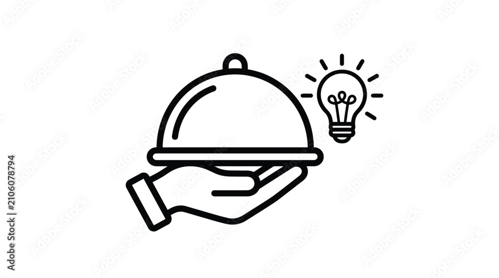 Fototapeta premium Vector illustration of a food delivery service. Modern line art of a hand holding a covered dish with a lightbulb symbol for ideas or innovation.