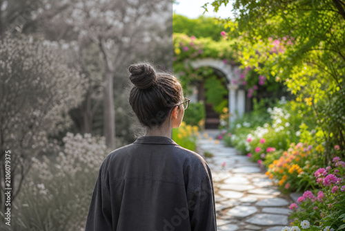 Woman in glasses viewing vibrant garden transformation