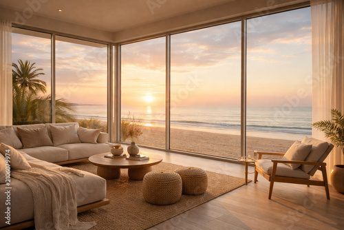 living room, interior, ocean, beach, sunset, window, view, sofa, furniture, modern, minimalist, luxury, home, residence, apartment, coastal, tropical, seaside, vacation, villa, relaxation, tranquility