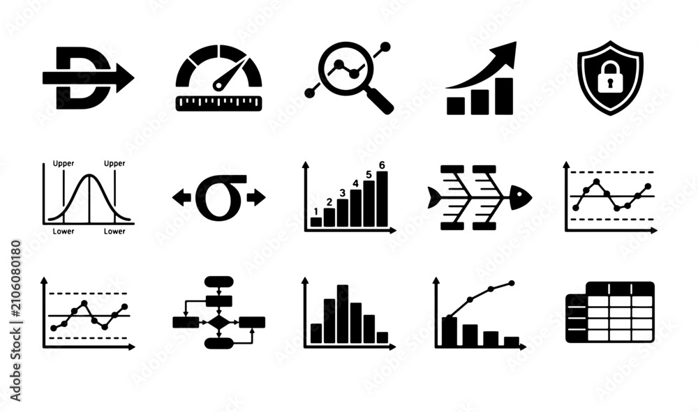 Fototapeta premium Six Sigma business icons set, 15 lean manufacturing process symbols, data analysis charts and quality control management vector graphics