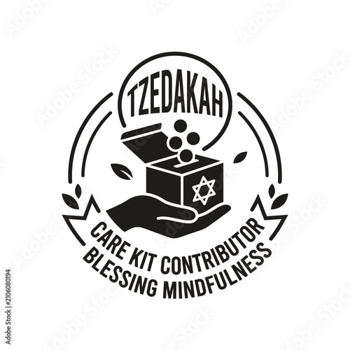 Tzedakah charity box emblem with Star of David and mindfulness text.