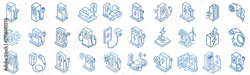 minimalist isometric line art vector blue EV Fast Charging